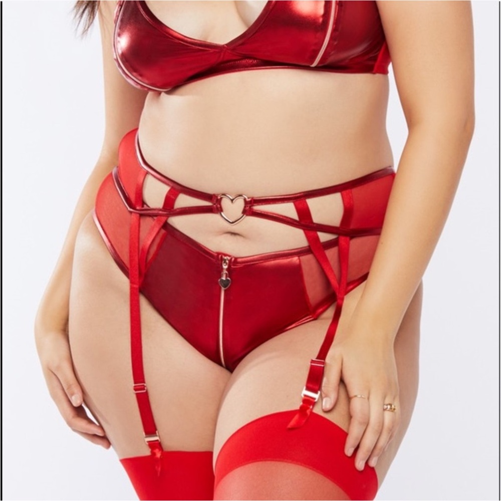 Savage X Fenty by Rihanna Sexy Red Metallic Three Pc Set Bra Pantie Garter Belt